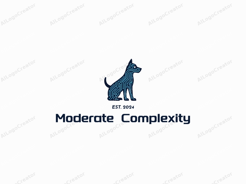 a modern design featuring a stylized dog silhouette integrated with circuit patterns, using blue and black colors, combined with a clean and refined aesthetic.