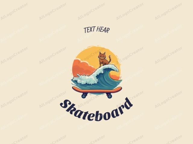 lustiges Design mit einem lebendigen Skateboard, einer niedlichen Katze, die auf einer Welle reitet, und einer dynamischen Surfszene in Kombination mit einem sauberen Hintergrund.