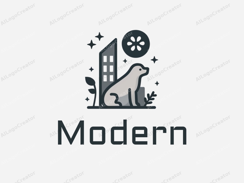 a modern minimalist design featuring abstract representations of architectural structures, a stylized pet silhouette, and medical symbols, combined with a clean white and gray background.