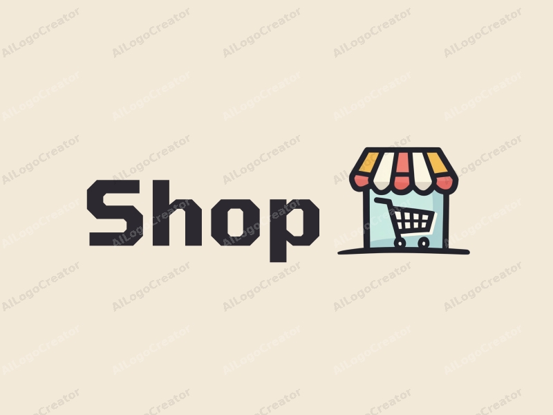 modern design features a stylized shop silhouette, a shopping cart, and a tag, combined with a clean background.