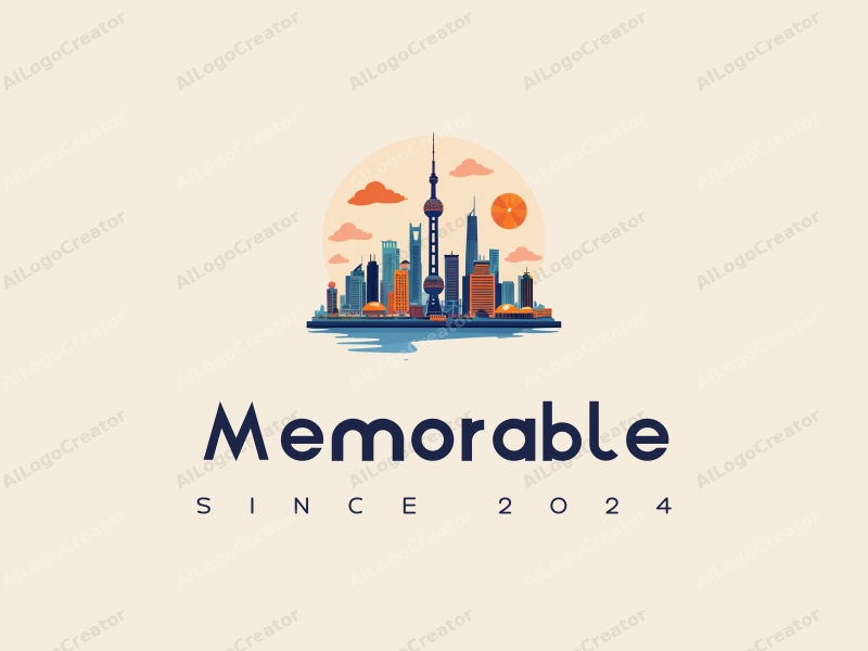 playful design features iconic symbols of Shanghai, such as the Oriental Pearl Tower, combined with elements representing memories and journeys, using a harmonious blend of blue and orange colors against a clean background.