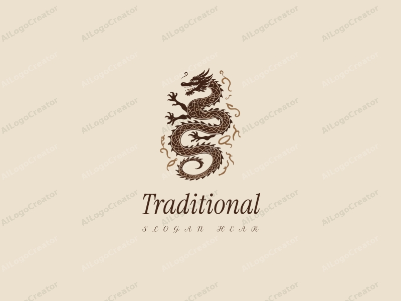 vintage design features a stylized dragon intertwined with elegant calligraphy, incorporating earthy tones of brown and beige, set against a clean background.