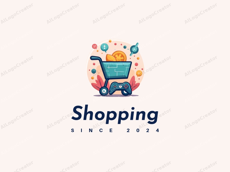 a modern design featuring a colorful shopping cart and a game controller, combined with elements of a mall, creating a harmonious and simple composition.