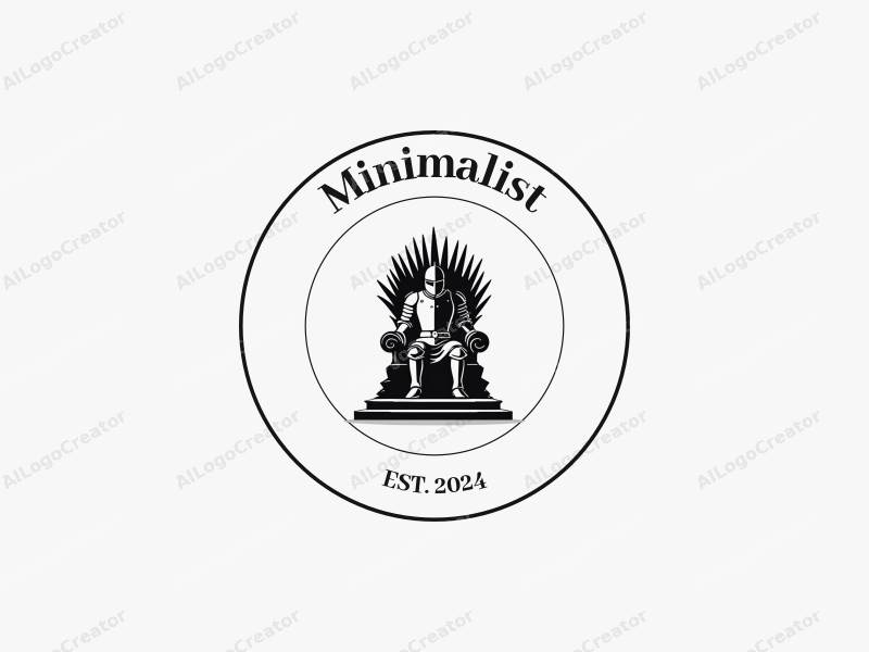 minimalist design features a stylized knight and throne, utilizing clean lines and a tag style approach combined with a simple black and white background.