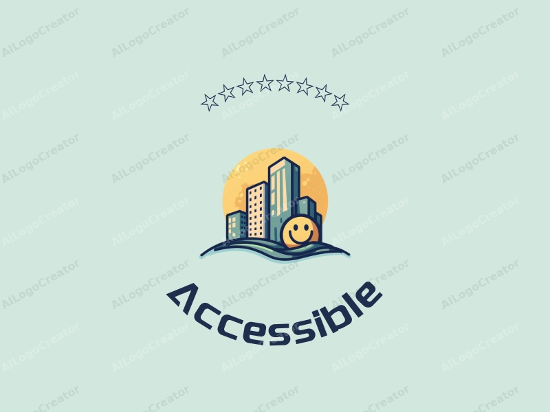 modern design features accessibility elements, a stylized building, and a smiley face, combined with a clean background and a harmonious layout.