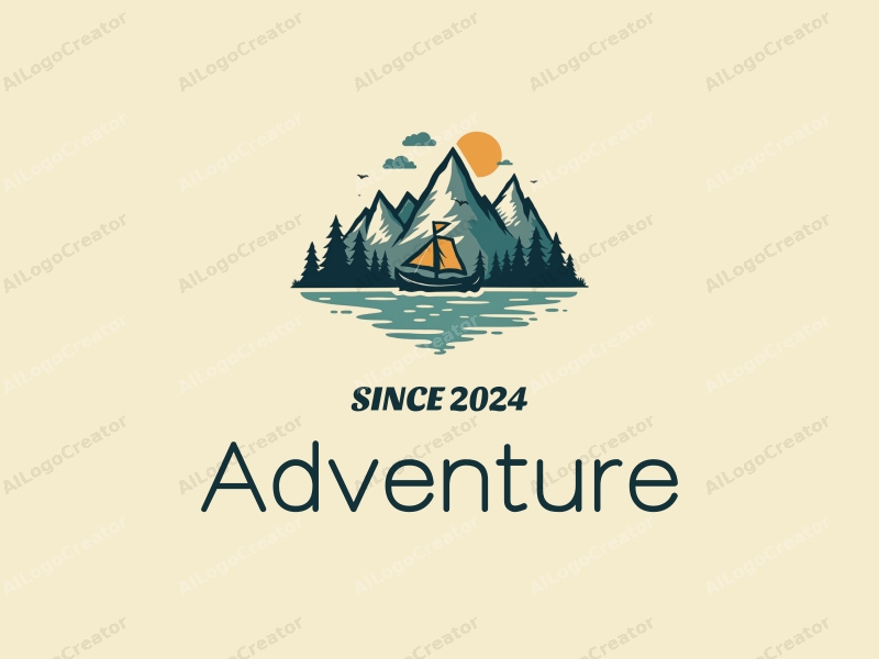 playful design features stylized mountains and sailing elements, combined with adventure and exploration themes, set against a clean background.