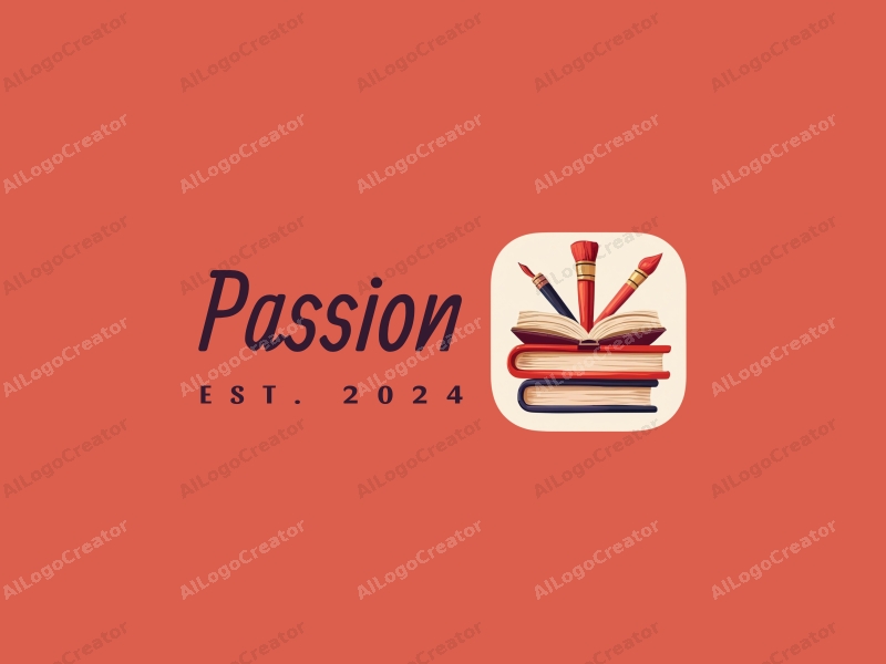 playful design features vibrant red colors, stylized books and paintbrushes, embodying passion and enthusiasm, combined with a clean background.