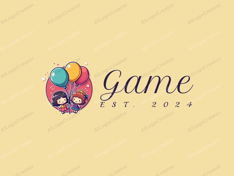 playful design features colorful balloons, stylized dolls, and game elements combined with a vibrant background.