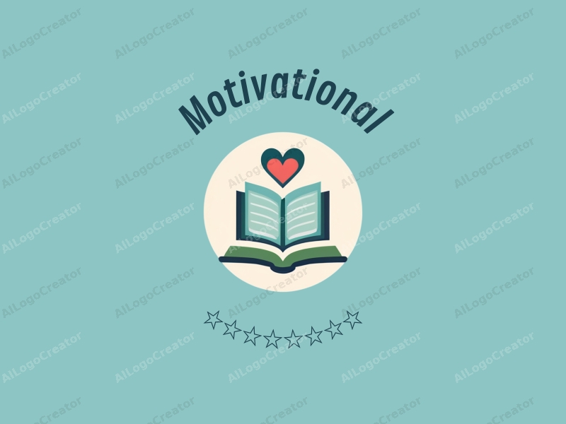 modern design features a stylized book and heart symbol, representing motivation and encouragement, combined with a clean background in blue and green colors.