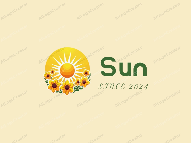 playful design features a bright sun with rays of light, surrounded by cheerful flowers, all in a vibrant yellow color scheme, combined with a clean and simple background.