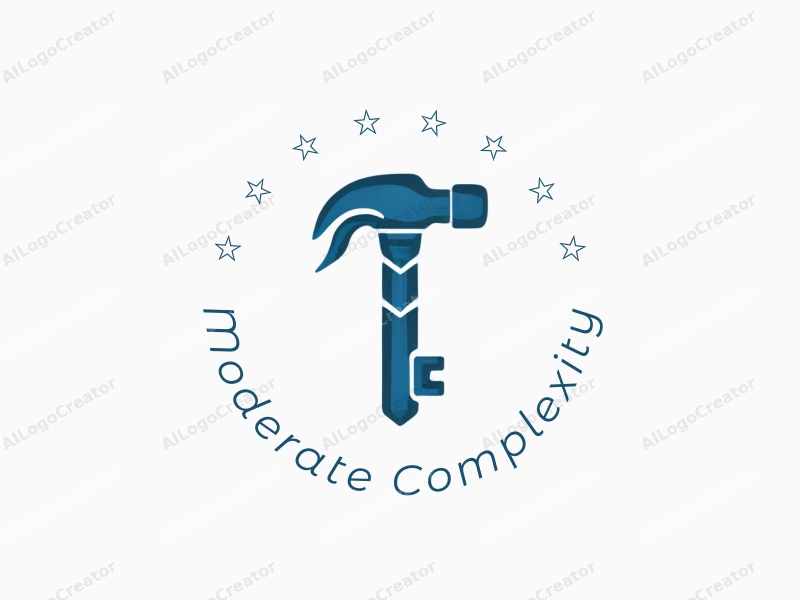 modern design features a stylized hammer and key intertwined with architectural elements, using a clean blue color palette and a minimalist approach combined with a simple background.