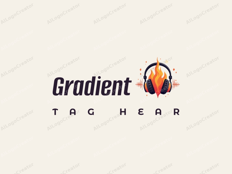 a modern design featuring vibrant flames intertwined with stylized headphones, incorporating sound waves in a creative and abstract manner, set against a clean background.