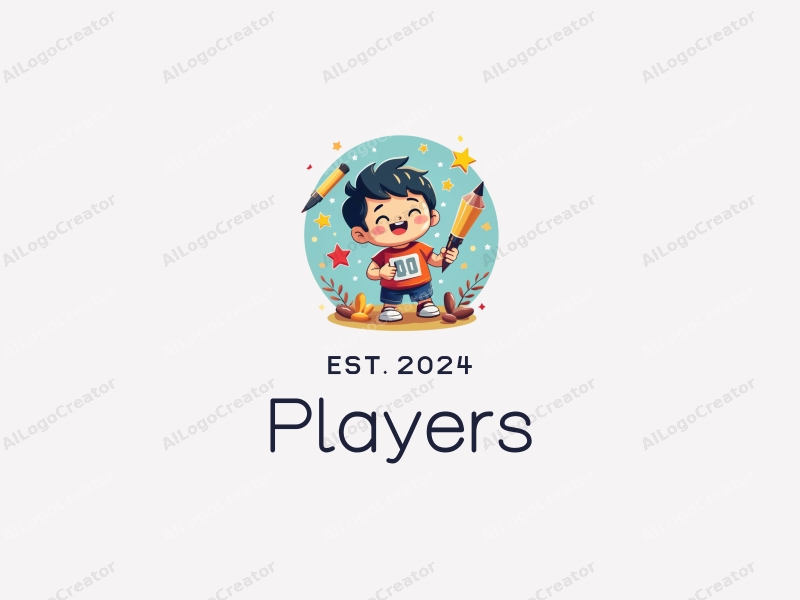 playful design features a vibrant player character, whimsical game elements, stars scattered around, and a stylized pen, combined with a clean and engaging background.