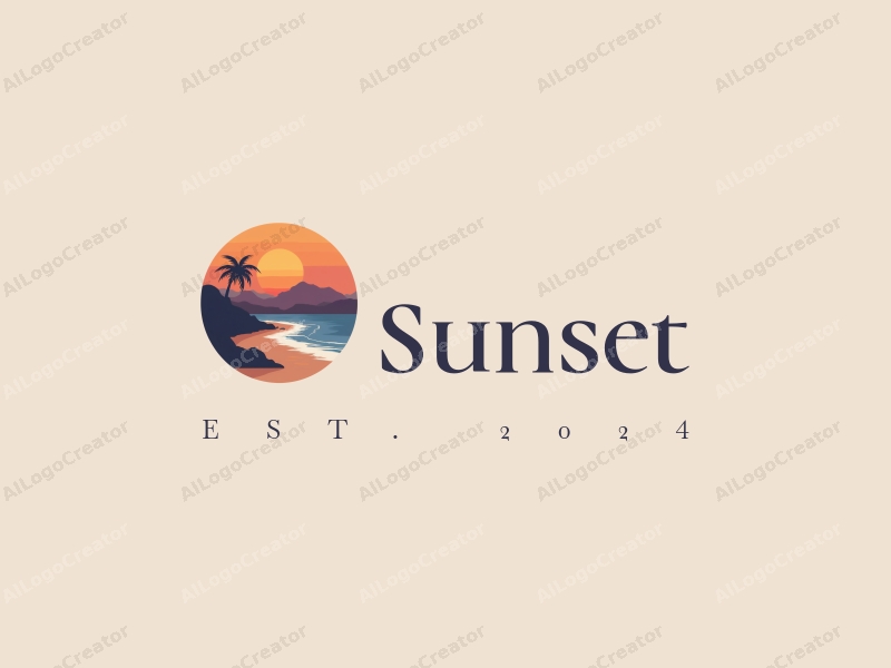 vintage design features a stylized sunset over a beach with mountains in the background, using a harmonious blend of orange and purple colors, combined with a clean and simple layout.