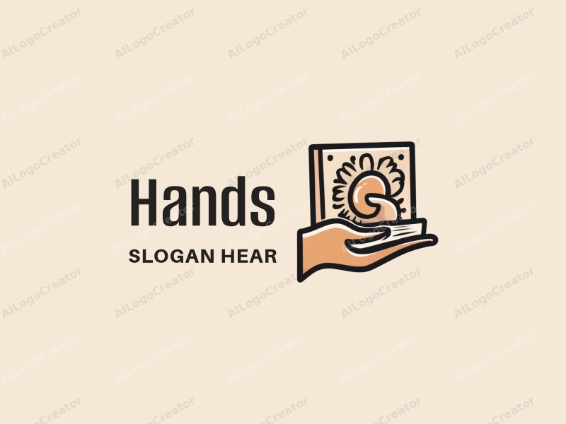 modern design features a stylized hand holding an artwork and a book, combined with a clean background.