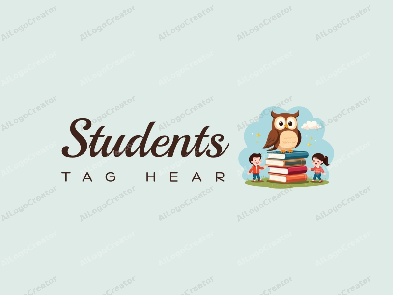 playful design features a whimsical owl perched on a stack of colorful books, surrounded by cheerful students in a vibrant school setting, combined with a clean background.