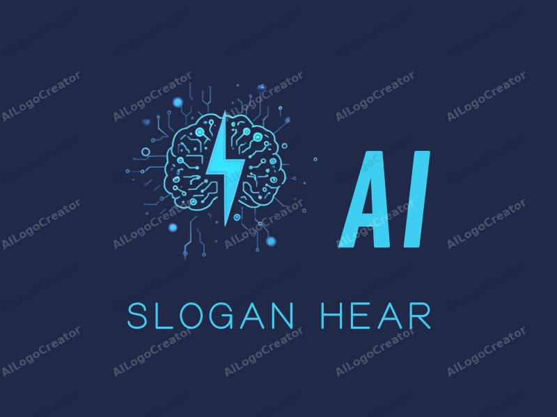 a modern design featuring elements of intelligence and algorithms intertwined with lightning and circuit patterns, combined with a clean blue background.