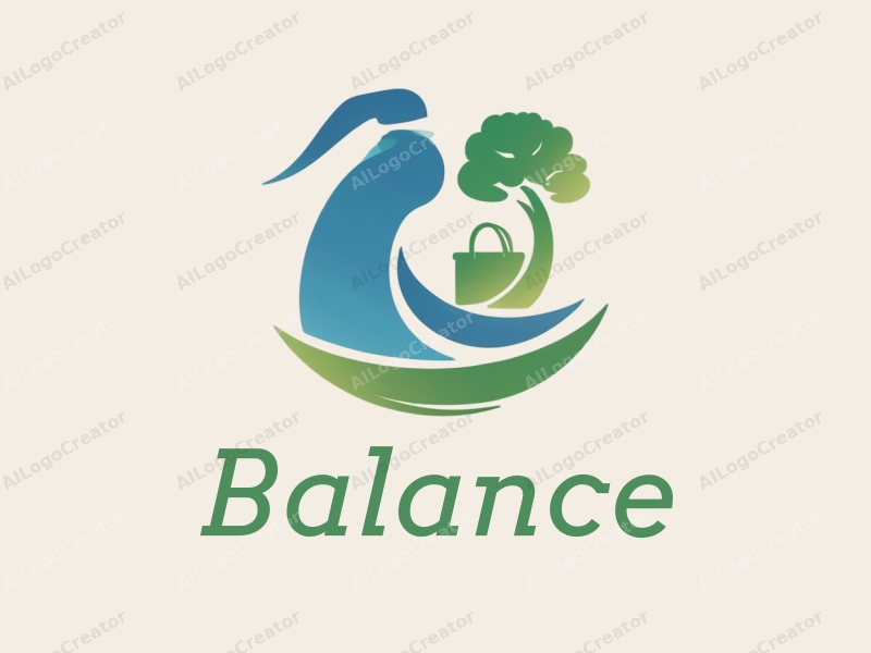 a modern design featuring elements of balance and harmony, incorporating fitness and shopping motifs, with a clean background in blue and green colors.