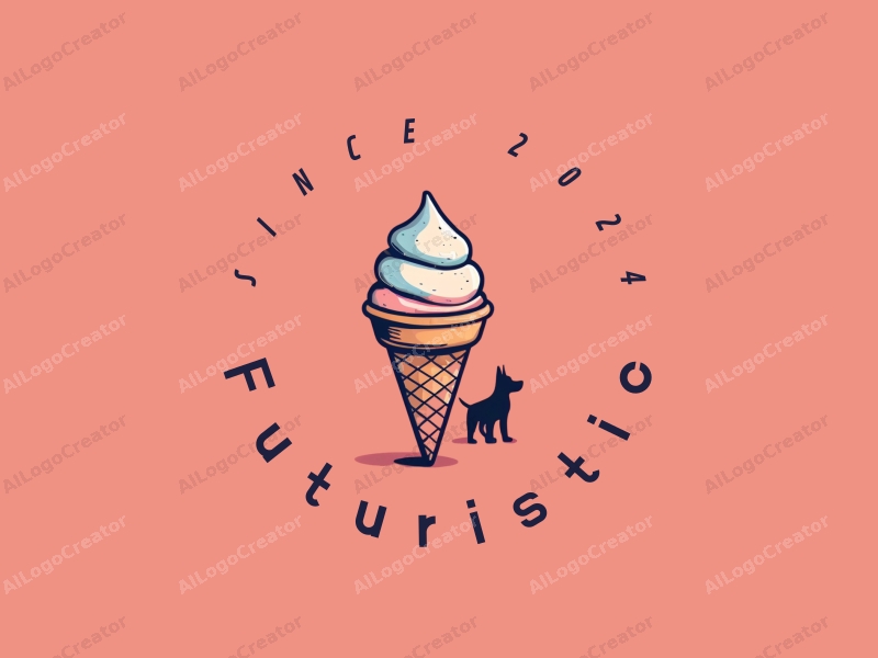 a modern design featuring futuristic elements, a stylized ice cream cone, and a dog silhouette, combined with a clean background and innovative design approach.