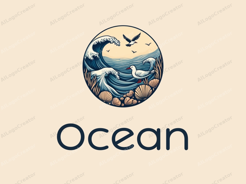 a modern design featuring stylized waves, marine creatures, seagulls, and shells, combined with a clean background and a harmonious composition.