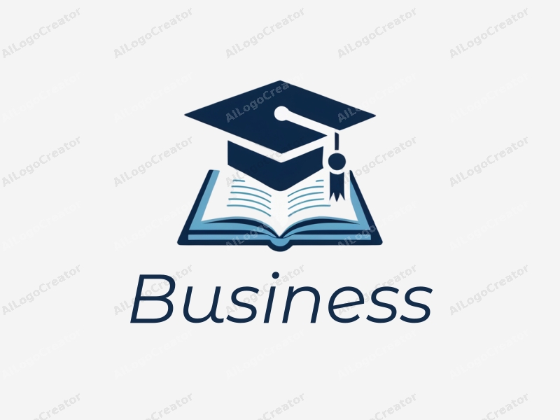 a modern design featuring a stylized book and graduation cap, combined with business and office elements, using a clean blue color palette for a professional look.