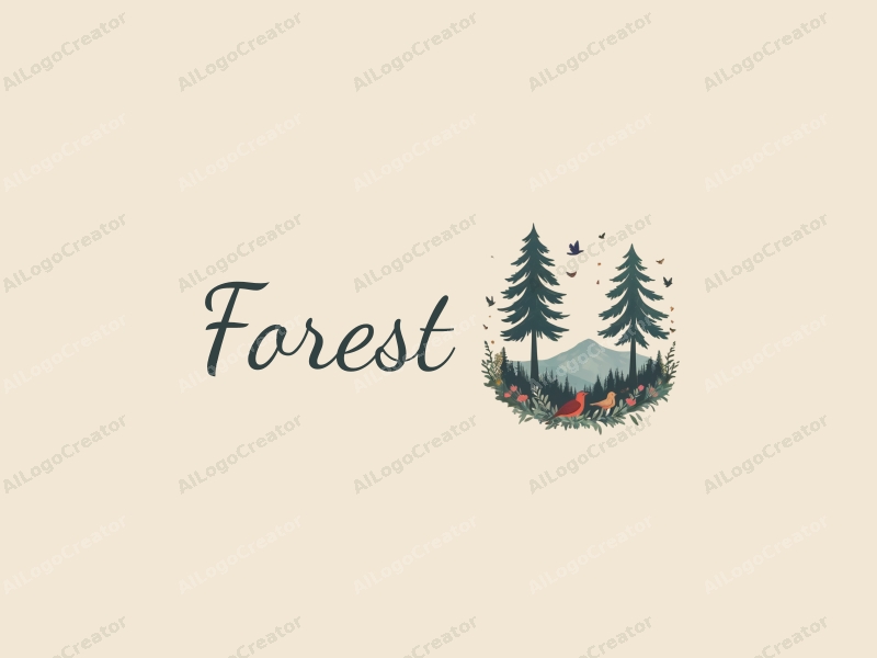 vintage design features a serene forest scene with stylized trees, delicate leaves, and small birds, combined with a clean background.