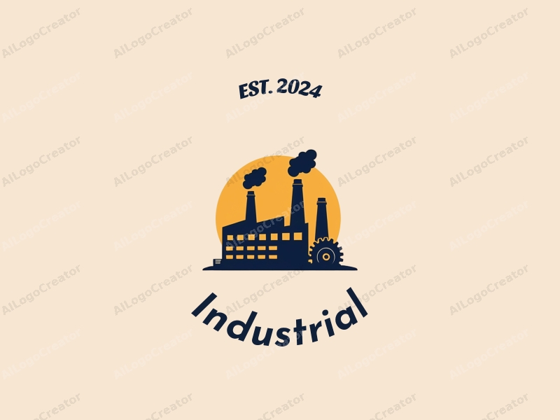 modern design features a stylized factory silhouette with gears and chimneys, utilizing a clean and simple composition with a focus on industrial elements.