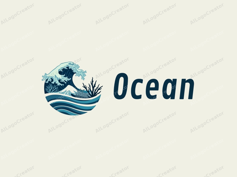 modern design features stylized waves, marine life including coral and a sea turtle, combined with a clean background.