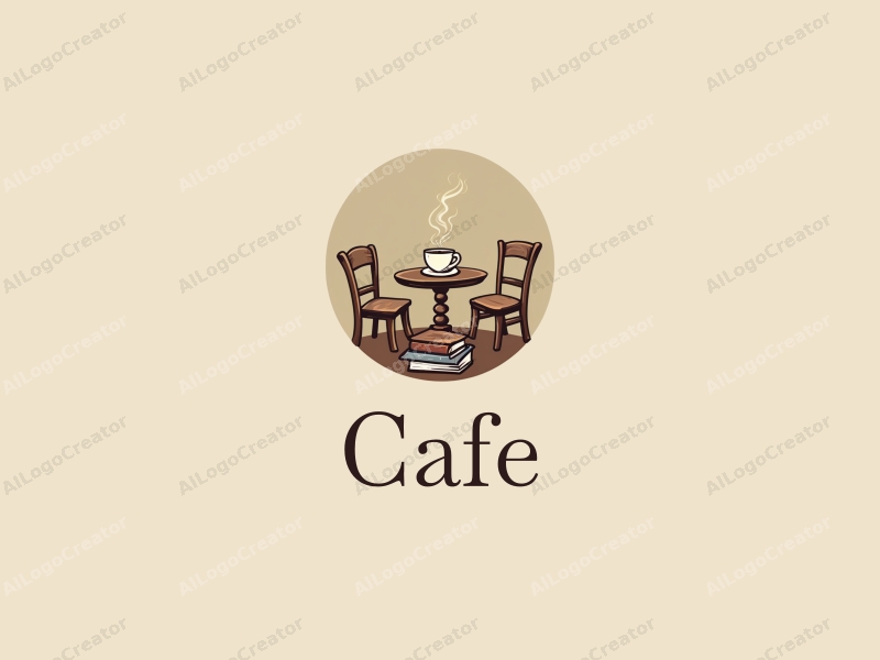 vintage design features a stylized coffee cup, a cozy table and chair setup, and a stack of books, combined with a clean background.