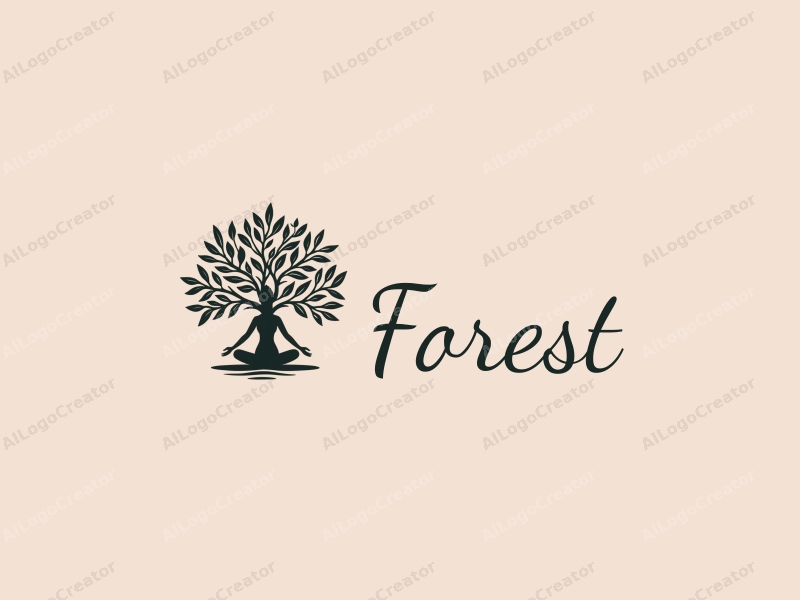 vintage design features stylized trees and an olive tree intertwined with a yoga pose, combined with a clean background.