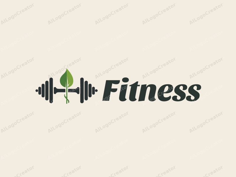 a modern design featuring a stylized barbell intertwined with a leaf, representing fitness and nature, combined with a clean background.