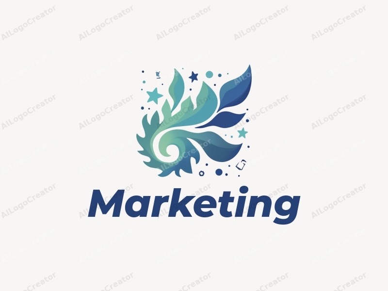 a modern minimalist design featuring abstract representations of marketing strategies and technology innovations, combined with blue and green color schemes, set against a clean background.