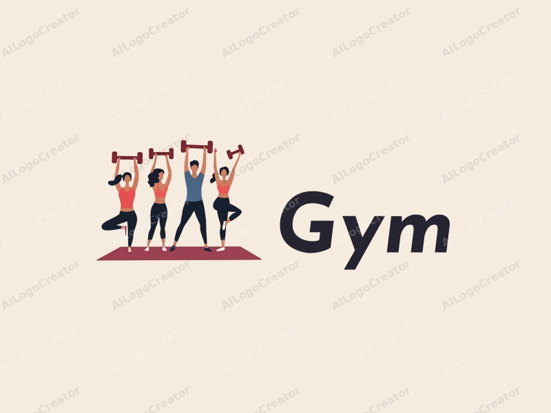 modern design features stylized dumbbells and yoga mats, combined with active individuals in a clean background, emphasizing fitness and movement.