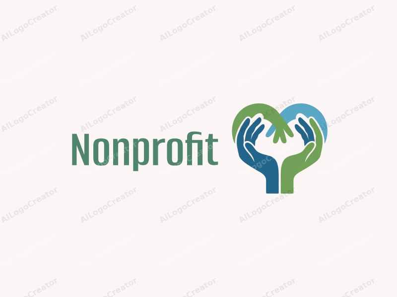 a modern minimalist design featuring a heart shape intertwined with a hand symbol, representing charity and volunteerism, using a blue and green color palette, combined with a clean background.