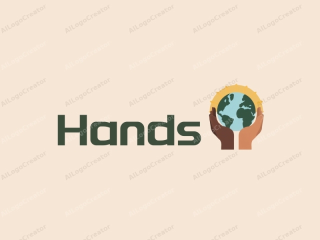 modernes Design zeigt eine stilisierte Hand, die die Erde hält, symbolisiert Verbindung und Einheit, kombiniert mit einem sauberen Hintergrund.