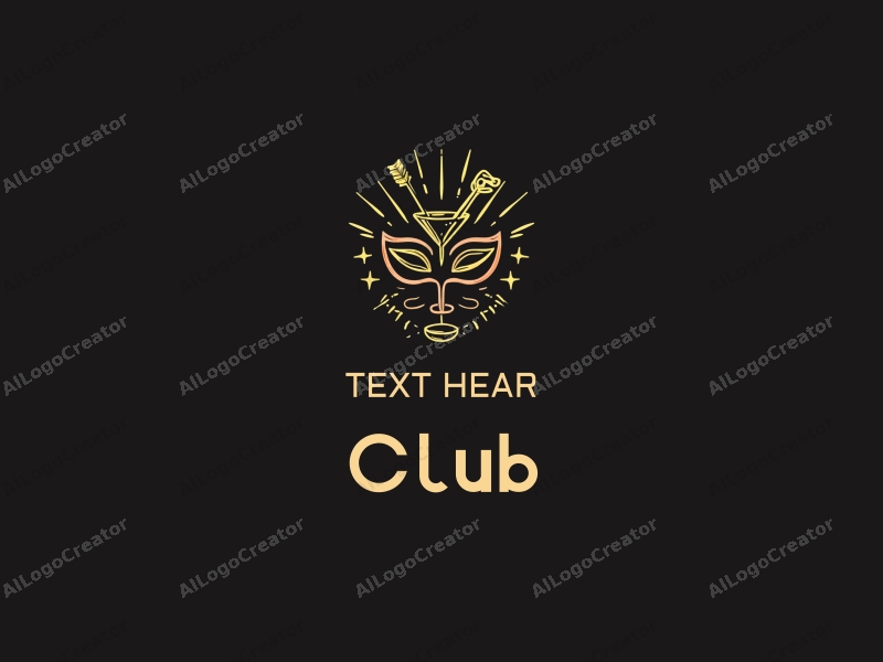 modern design features a stylized mask and cocktail glass, combined with club and social elements, set against a clean black background.