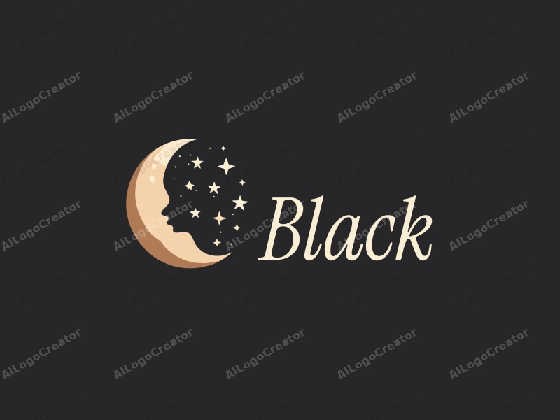 minimalist design features a stylized moon and stars against a black background, creating a serene and artistic atmosphere.