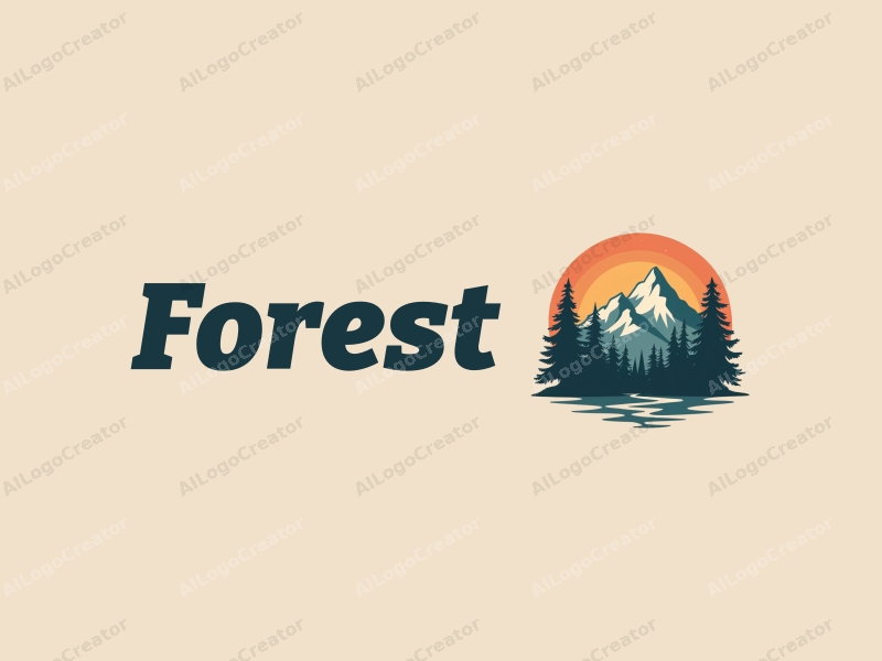 vintage design features stylized trees and mountains, with rays of sunlight filtering through a lush forest, combined with a clean background.