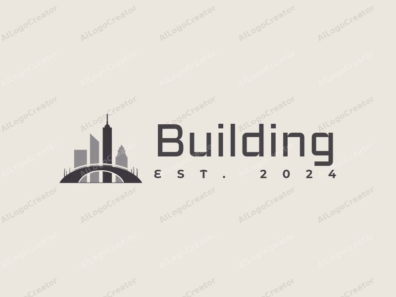 modern design features a stylized skyscraper and bridge, incorporating clean lines and geometric shapes with a gray color palette against a minimal background.