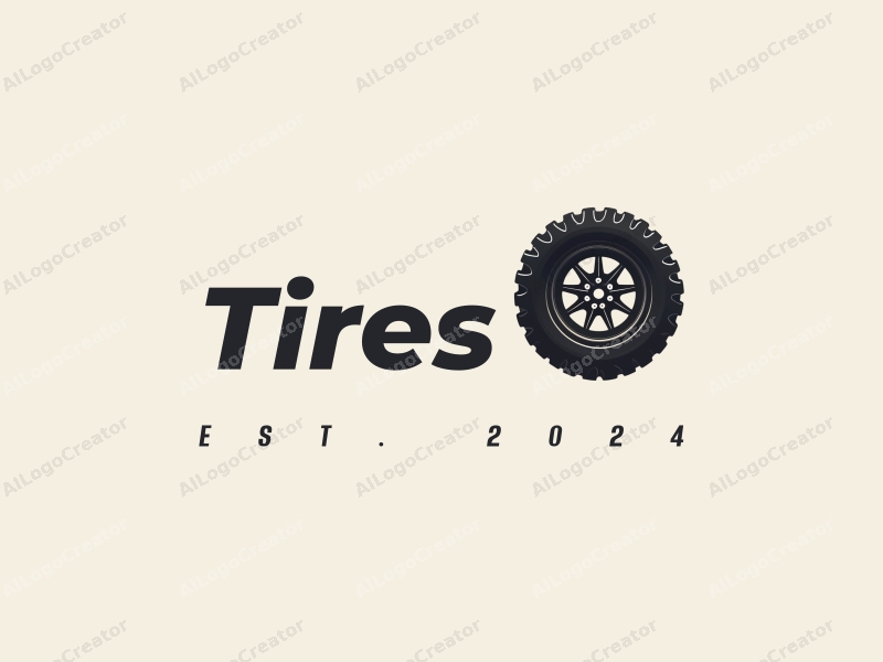 modern design features a stylized tire and wheel, emphasizing power and motion, combined with a clean background.