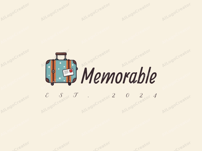 playful design features a stylized travel suitcase and a postcard, combined with a clean background and a whimsical approach.