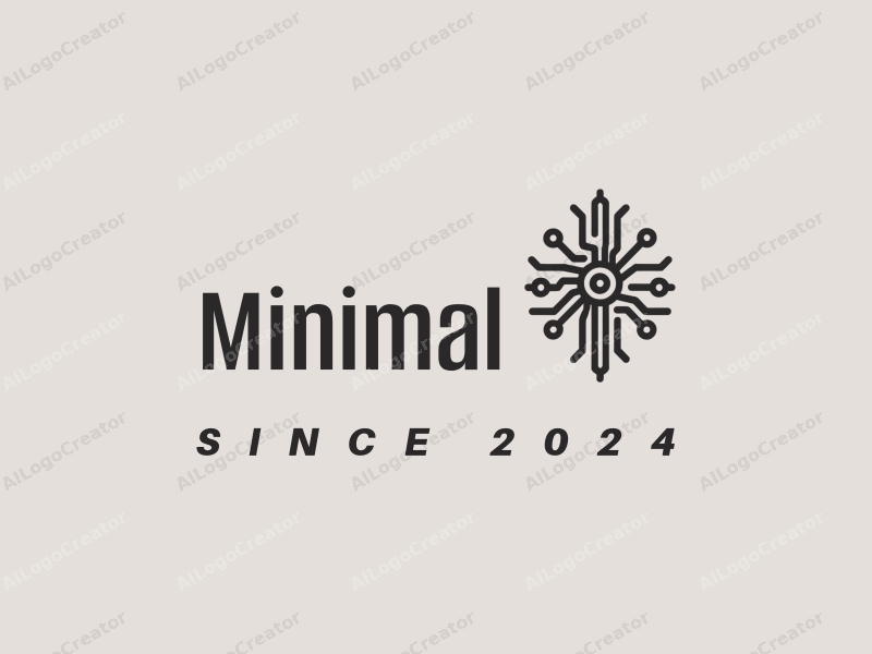 minimalist design features a clean outline of a circuit integrated with geometric shapes, using a monochromatic color palette of white, black, and gray, combined with a tag style approach and a simple background.