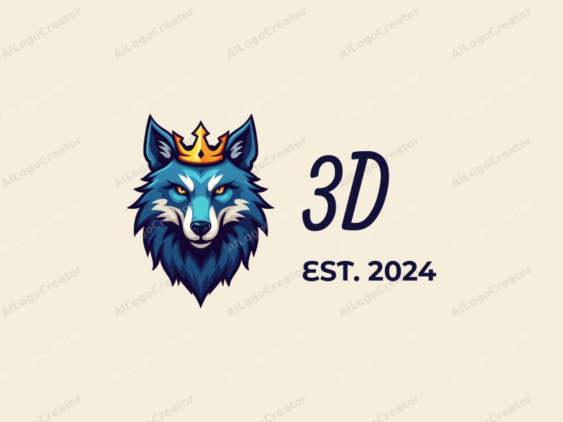 a modern design featuring a 3D wolf with a crown, dynamic elements, and a colorful palette combined with a clean background.