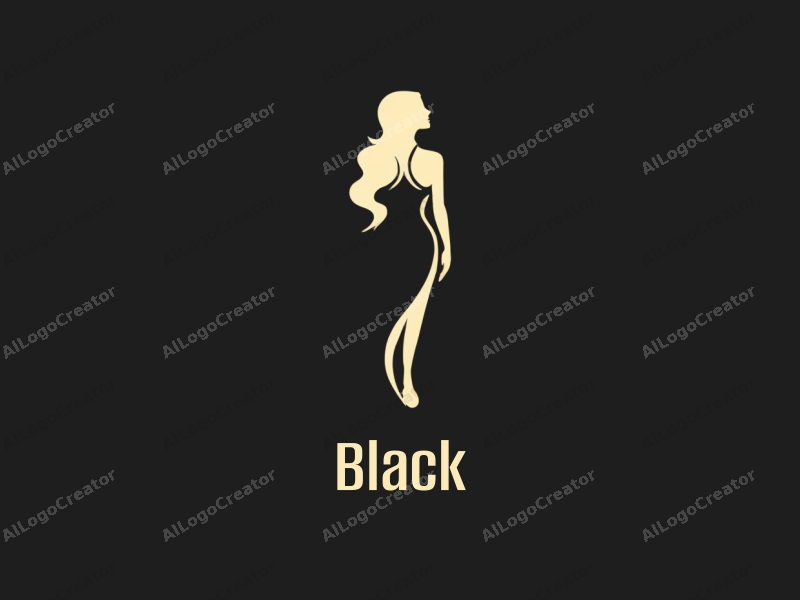 minimalist design features a stylized silhouette of a goddess in a salon setting, with a clean black background representing the night, emphasizing elegance and simplicity.