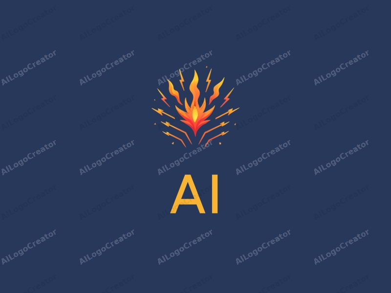 a modern design featuring elements of intelligence and algorithms, combined with flames and lightning, set against a clean blue background.