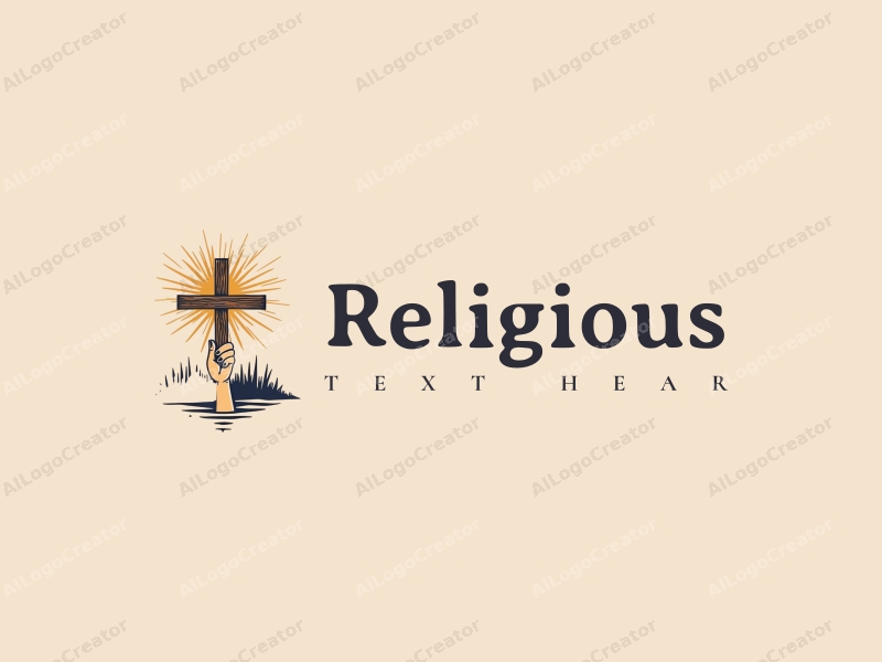 vintage design features a stylized cross, a halo above it, and a hand reaching towards the cross, combined with a clean background.