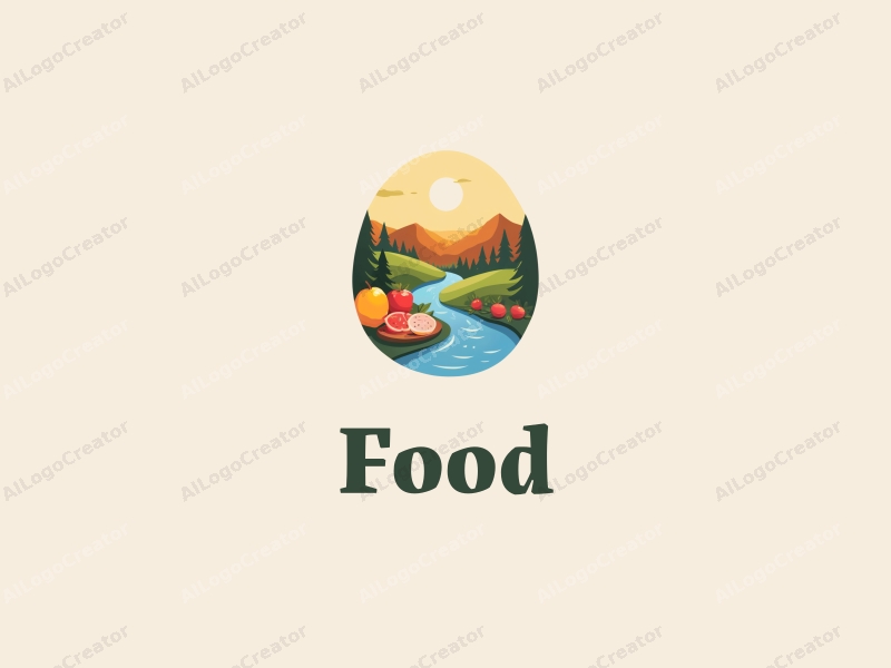 a modern design featuring vibrant food elements like fruits and dishes, integrated with a stylized valley and stream, creating a harmonious and clean composition.