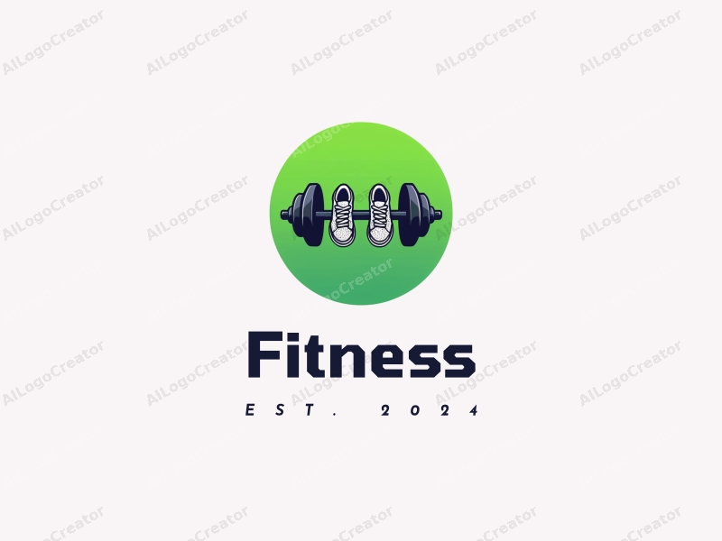 modern design features a stylized barbell and running shoes, incorporating health and fitness elements with a clean green background.