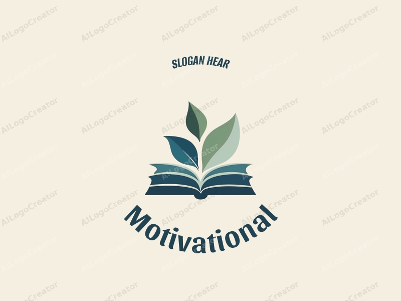 a modern minimalist design featuring stylized books and leaves, symbolizing inspiration and motivation, combined with a clean background in blue and green tones.