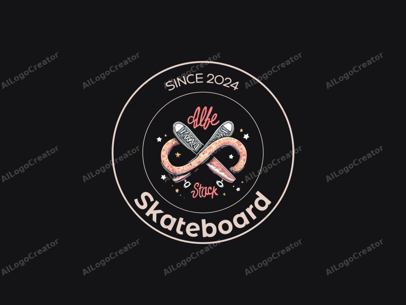 street style design features a skateboard and sneakers intertwined with an infinity symbol, complemented by street graffiti elements, all set against a clean black background.